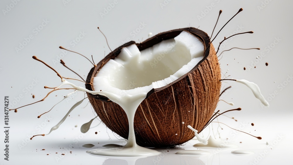 Poster coconuts with milk splashing against a backdrop. clipping path.