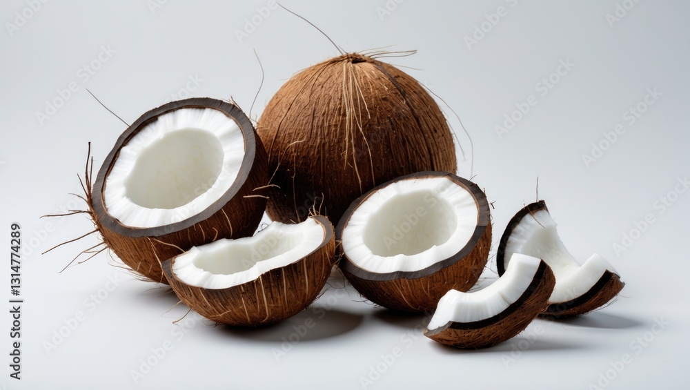 Poster coconuts isolated collection. set of whole coconuts, halves, and slices on a white background.