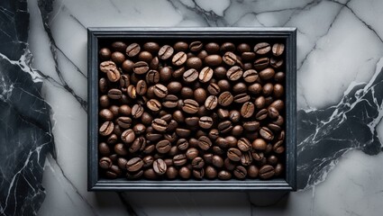 Coffee beans arranged on a marble background within an empty frame.