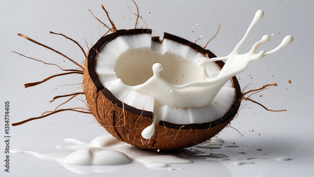 Poster coconuts with a milk splash against a backdrop. clipping path.