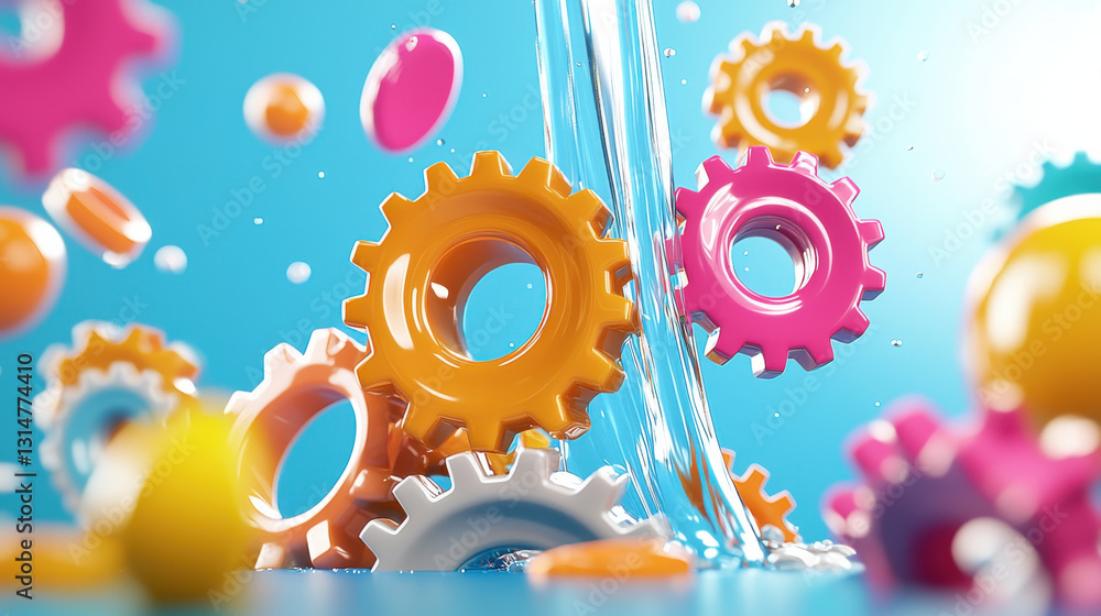 Poster vibrant 3d scene of colorful gears cascading down like waterfall, creating playful and dynamic atmos