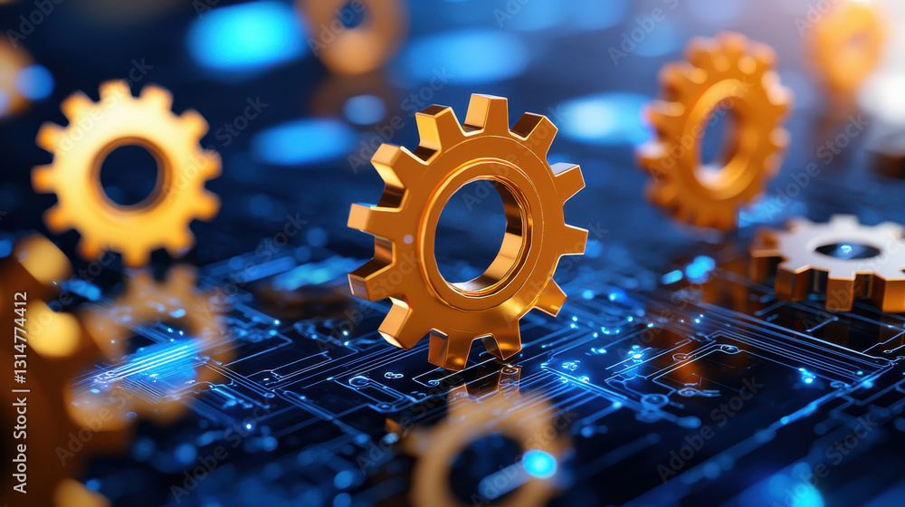Poster stylized 3d rendering of golden gears floating above circuit board, symbolizing technology and innov