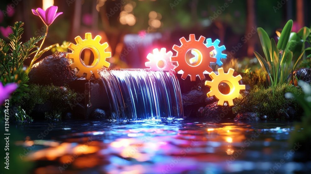 Poster vibrant 3d scene featuring colorful gears cascading down waterfall, surrounded by lush greenery and 