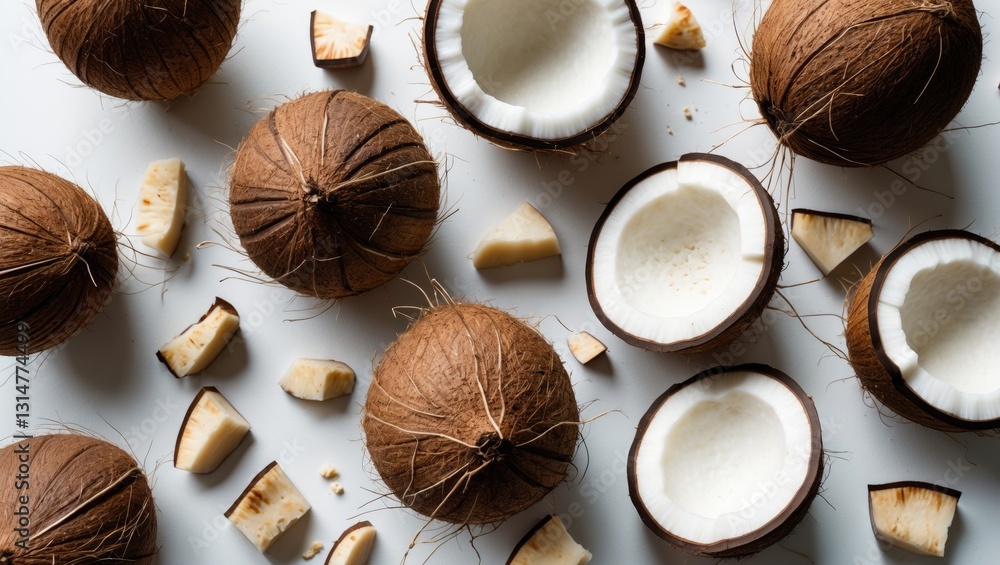 Poster coconuts displayed separately on a white background, both whole and in pieces.