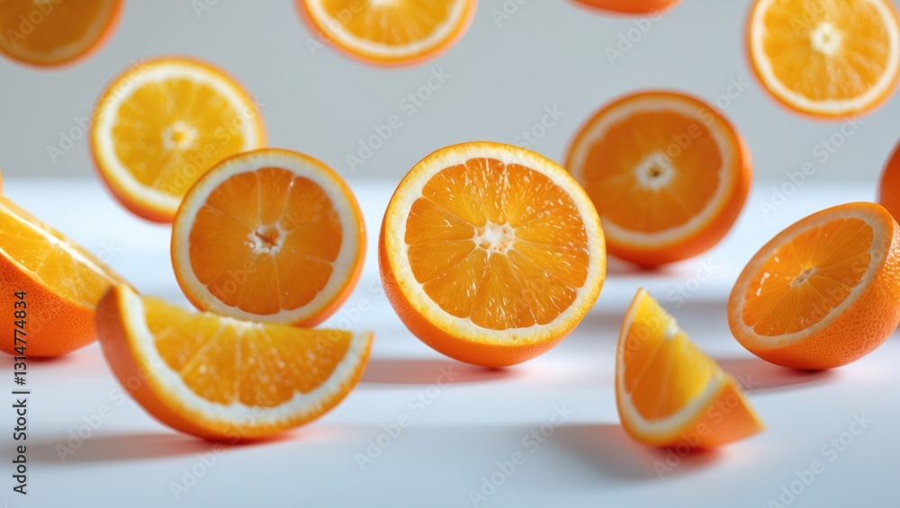 Poster Falling orange segments set against a background, with clipping path and complete depth of field.