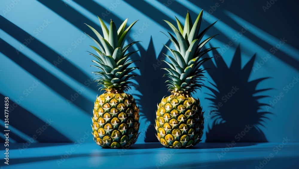 Poster two halves of pineapple positioned on a blue backdrop. featuring shadow waves in the background. the