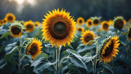 Fototapeta premium Natural backdrop of sunflowers. A sunflower in bloom. Close-up of a sunflower. Sunflowers symbolize adoration, fidelity, and endurance.