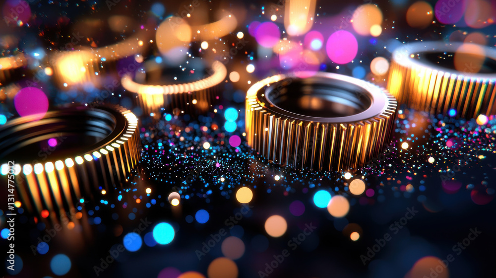 Poster abstract 3d composition of interlocking gears with vibrant colors and sparkling lights creates mesme