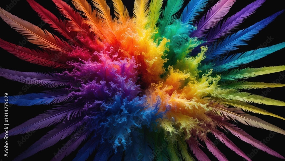 Poster an abstract design bursting with vibrant rainbow colors that resemble feather-like textures against 