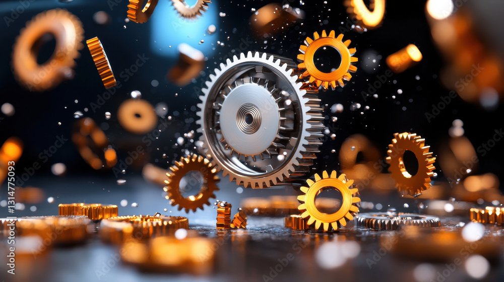 Poster artistic 3d visualization of gears transforming, showcasing intricate details and dynamic movement. 