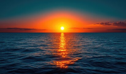 The orange sky of the setting sun shines on an endless sea