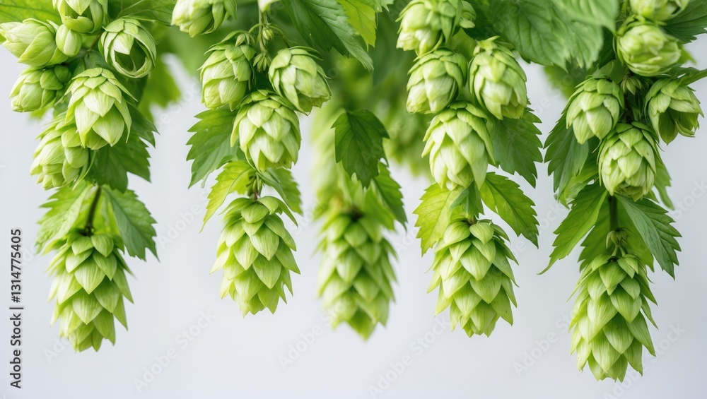 Poster falling green hop, set against a white background, with clipping path and full depth of field.