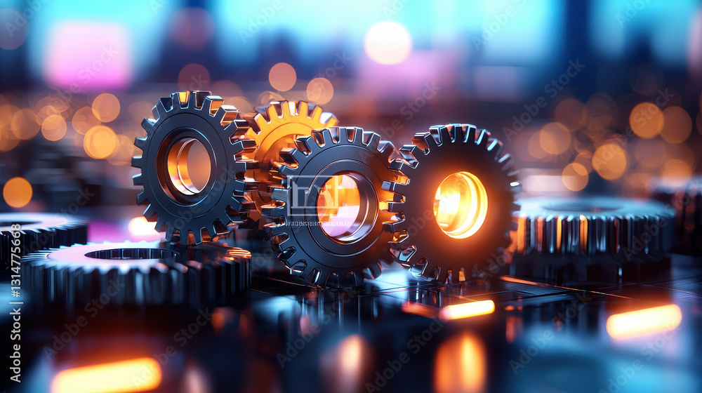 Aufkleber abstract 3d composition of interlocking gears with glowing elements, showcasing intricate details an