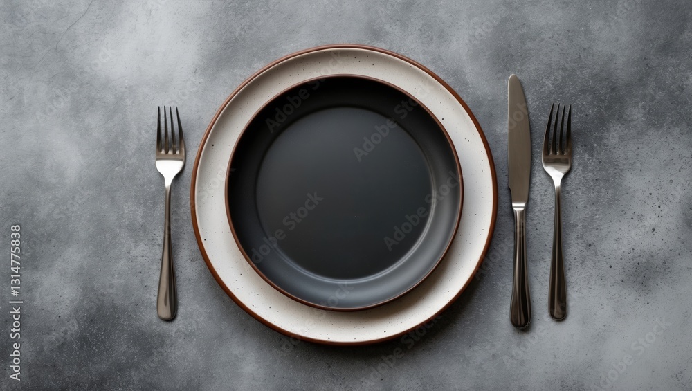 Poster empty plates, forks arranged on a grey concrete surface. aerial view. concept mockup.