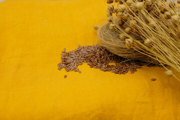 Flax seeds, plant pods, and flax fiber on the yellow linen canvas. Sustainable resources. Copy...