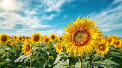 Obraz premium A vibrant field of sunflowers under a bright blue sky, showcasing their large yellow petals and green leaves, radiating warmth and positivity.