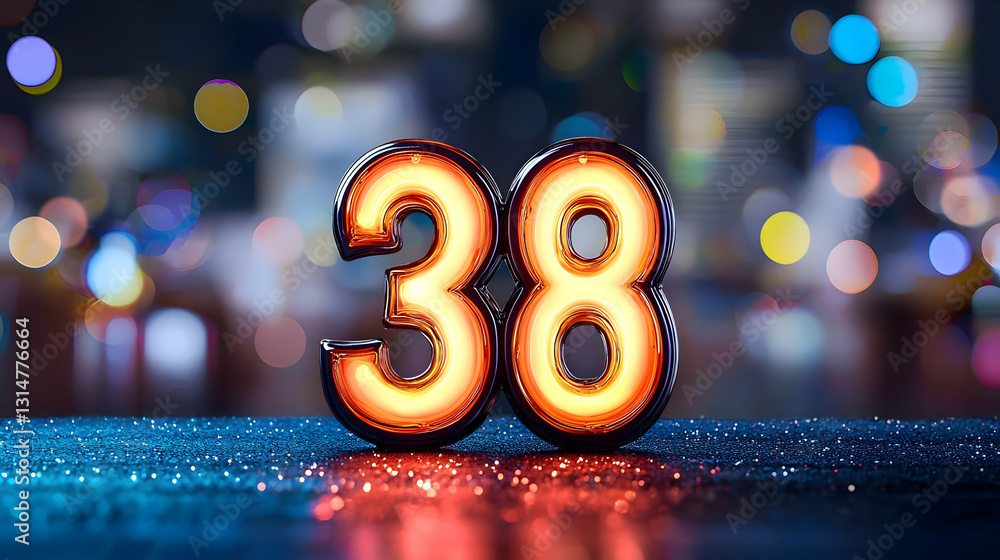 Poster glowing number 38 on sparkly blue surface with bokeh lights