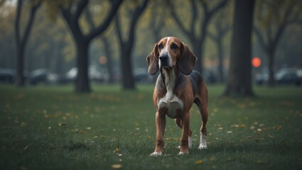 Old image name: Afghan Hound in the park  .Paraphrased title: Afghan Hound walking in the park.