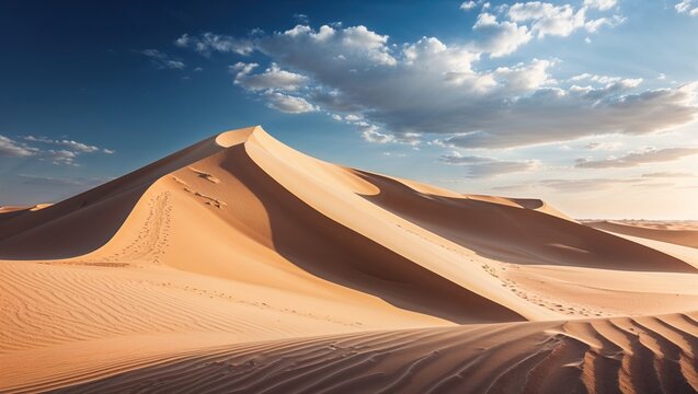 A serene desert landscape featuring rolling sand dunes under a blue sky with clouds.