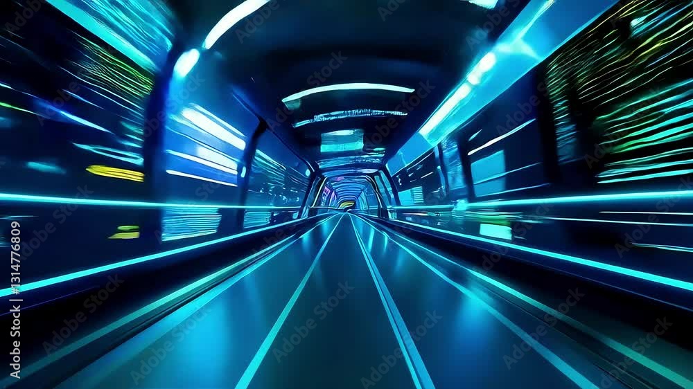 Poster Flying Through Futuristic Neon Tunnel with Fast Motion Blur Effect