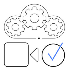 Gears inside a cloud signifying system operation and integration, with a pause square, play triangle, and checkmark circle for process control. Ideal for tech, automation, workflow, productivity