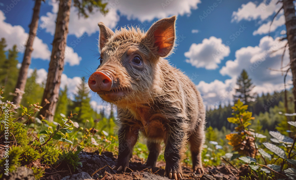 Aufkleber Small pig is standing in a field of grass and dirt. The sky is blue and there are some clouds in the background. The pig appears to be dirty and is looking up at the camera