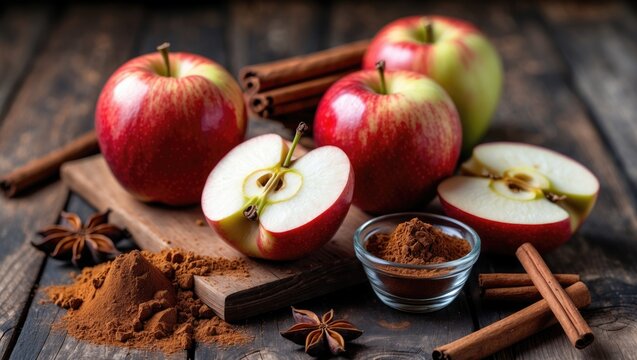 Apples with cinnamon arranged on a textured wooden surface. Aromatic spiced apples accompanied by sticks and star anise. Sliced apples with spices. Space for text.