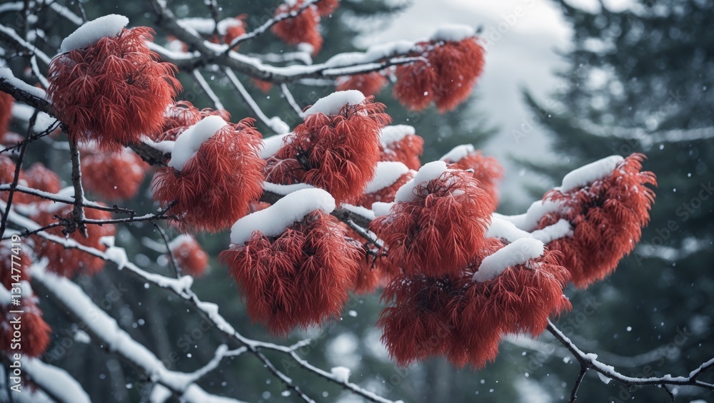 Poster clusters of red mountain ash on branches are dusted with white snow.