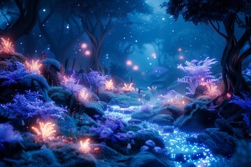 A magical forest scene illuminated by glowing flora and a serene stream, creating an enchanting atmosphere.