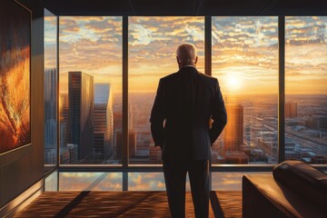 A businessman stands silhouetted against a breathtaking sunset cityscape, contemplating his future.