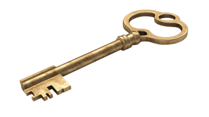 House or home key isolated on white background, representing a metal apartment key, symbolizing safety, security, and ownership in real estate, an essential object for locking and unlocking doors.