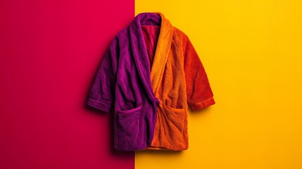 Cozy two-toned bathrobe in purple and orange against a vibrant background.