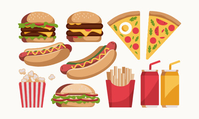 A modern vector-style illustration of various fast food items, easily editable.