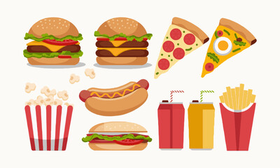 A modern vector-style illustration of various fast food items, easily editable.