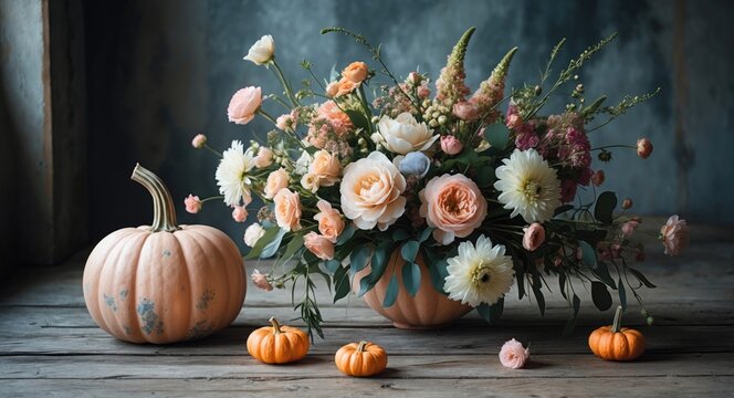 A rustic floral arrangement featuring a pastel pumpkin and flowers, depicted in anime style, standing alone.