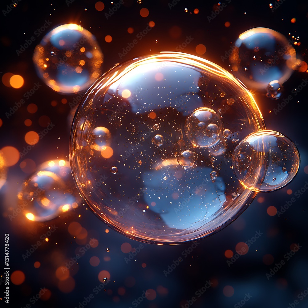 Poster abstract luminous bubbles with a gold glitter effect floating in the dark background