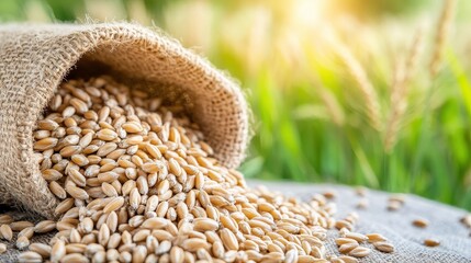 Obraz premium Close up of golden wheat grains being poured into a burlap sack in a rural field
