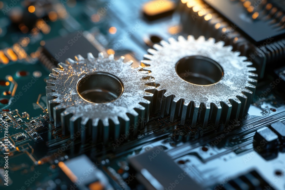 Aufkleber interlocking gears on a circuit board symbolize the complex mechanics of technology.