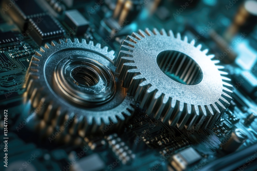 Poster interlocking metal gears rest on a circuit board, symbolizing technological precision and intricate 