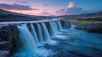 closeup summer waterfall during sunset
