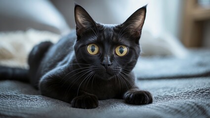 Obraz premium A fearful black shorthair cat with large eyes and dilated pupils.