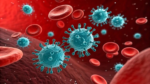 Microscopic view of viruses in bloodstream.