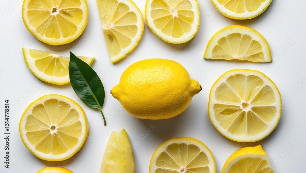 Poster a collection of lemon slices isolated on a background. top view.