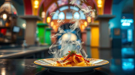 Fototapeta premium A steaming hot delicious food, beautifully plated with vibrant colors and rich flavors, Created with generative AI.