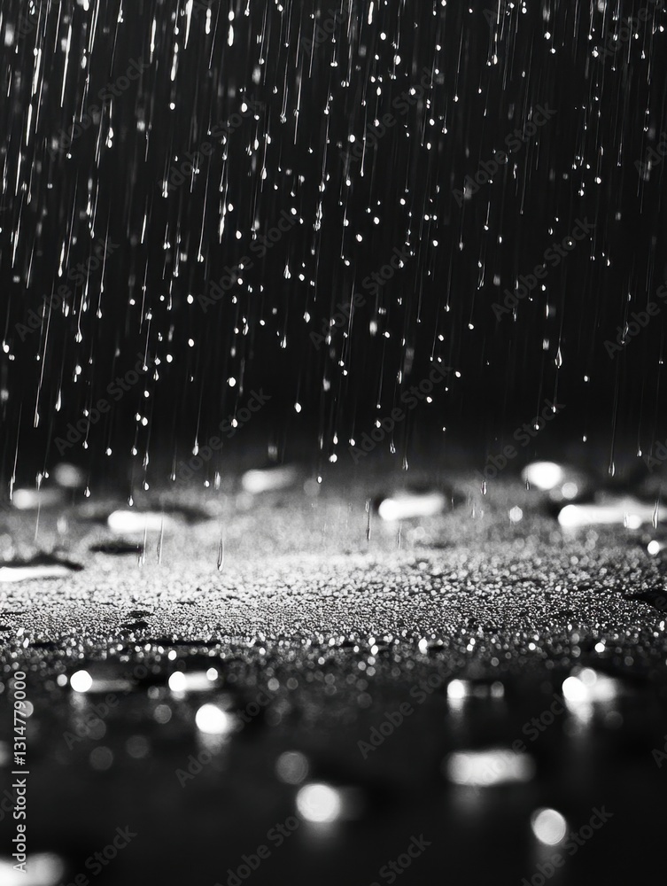Aufkleber serene monochrome rain falling on dark asphalt surface creating a reflective and atmospheric scene w