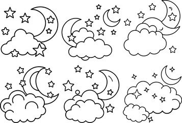 Fototapeta premium Set of crescent moon stars and clouds outline vector illustration