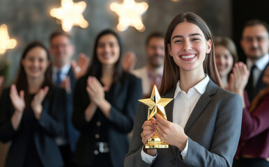 Businesswoman in suit holding golden star award, smiling proudly