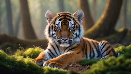 Fototapeta premium Cute Bengal tiger cub lounging in the forest.