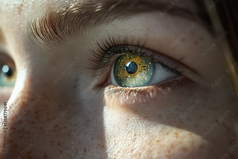 Poster close-up of a green eye with a golden, circuit-like pattern in the iris, suggesting technological in