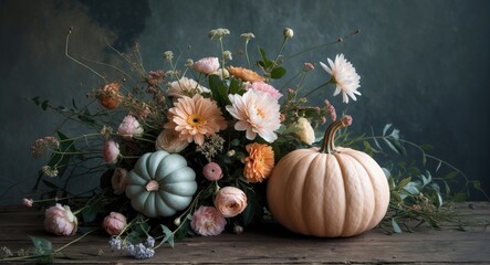 A rustic floral arrangement featuring a pastel pumpkin and flowers, depicted in anime style, displayed independently.